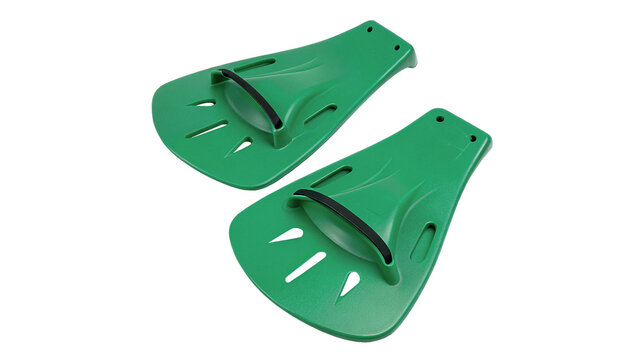 A pair of bright green swimming flippers diving fins isolated on transparent background