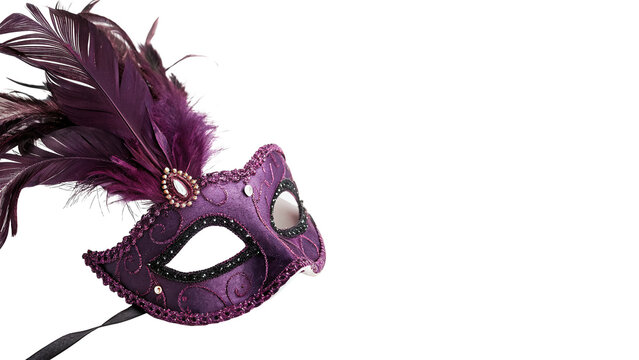 An elegant purple masquerade carnival mask decorated with feathers isolated on transparent background