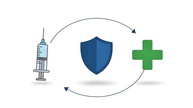 Medical immunity and vaccination concept featuring syringe shield and green cross symbols representing health safety and protection