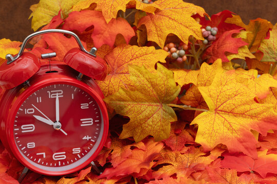 Autumn scene with fall leaves and alarm clock for your autumn message