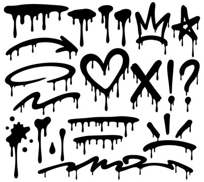 Graffiti spray paint drips and tags collection with black dripping crown heart arrow and grunge splatter street art symbols.