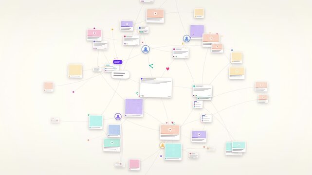 Connected social media cards spread across a bright digital network, creating a clean cinematic scene for marketing campaigns, business presentations and tech advertising.