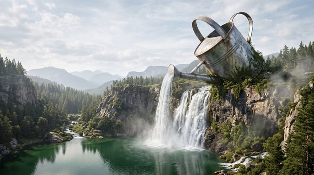 Gigantic watering can pouring a waterfall into a green lake, surreal nature landscape photo