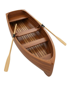 Wooden rowboat with oars isolated on black background top high angle view