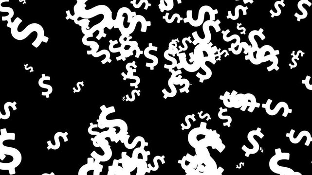 Clean white dollar sign icons rain loop animation representing wealth shower and monetary success on a solid dark black background