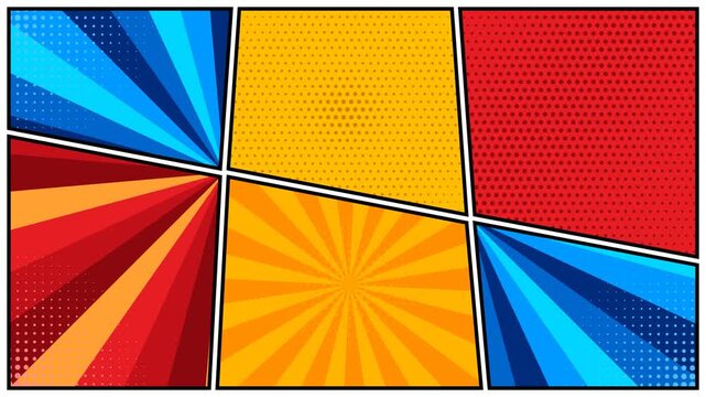 Colorful comic book panel background with halftone dots and rays pattern in pop art style