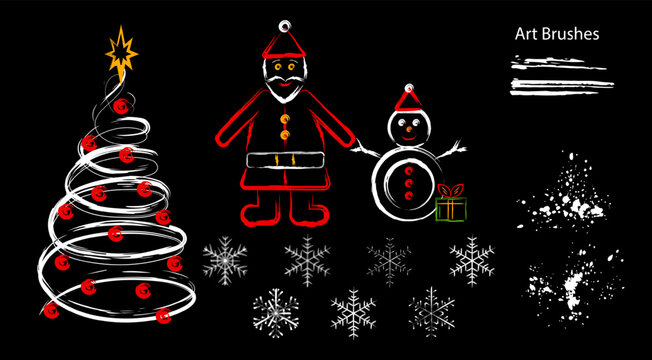 Set, clip art with Santa Claus, snowman character, snowflakes in grunge style. Outline illustrations in bright colors. Design elements for Christmas, New year for holiday design