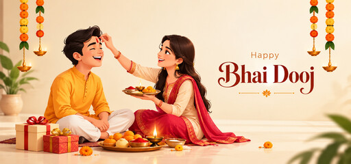 Plakat happy bhai dooj sister brother celebration, indian family sibling love traditional ritual banner, affectionate sister applying tilak forehead canvas, authentic cultural hindu holiday greeting poster, 