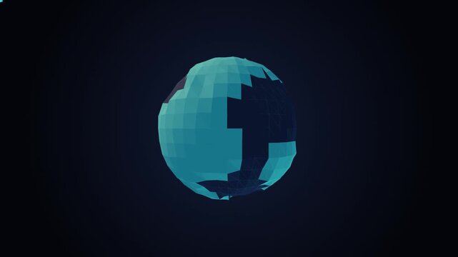 Rotating blue low poly digital globe sphere on dark background
