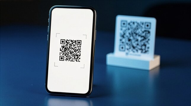 A smartphone displaying a sharp QR code on its screen stands next to a blurred QR code placard on a holder, representing modern digital contactless payment technology on a dark blue desk.