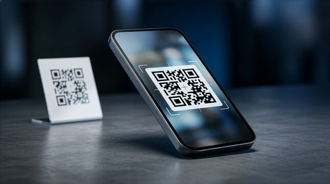 A smartphone screen scanning a sharp QR code sits on a dark textured desk next to a small acrylic QR code display stand, illustrating modern digital banking and cashless payment technology.