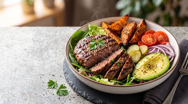 Grilled beef steak bowl with avocado, vegetables, and roasted sweet potatoes on table