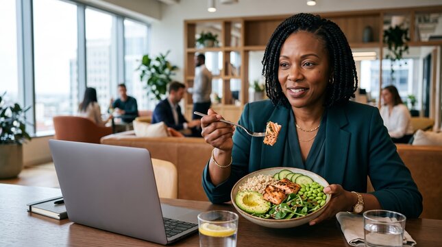Smiling woman holding healthy high protein salad beside laptop in bright modern restaurant interior