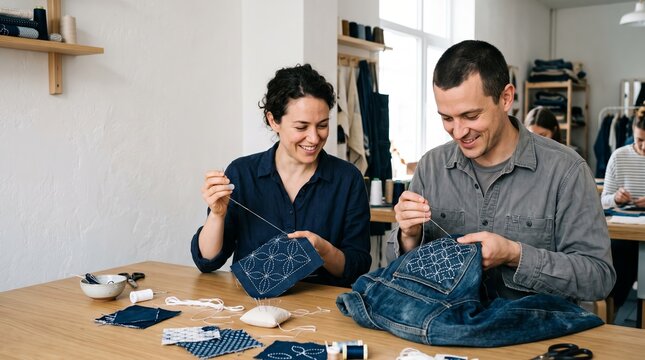 Adults practicing sashiko visible mending on denim garments in bright textile workshop