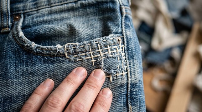 Sashiko visible mending with hand stitched patch on worn blue denim jeans closeup