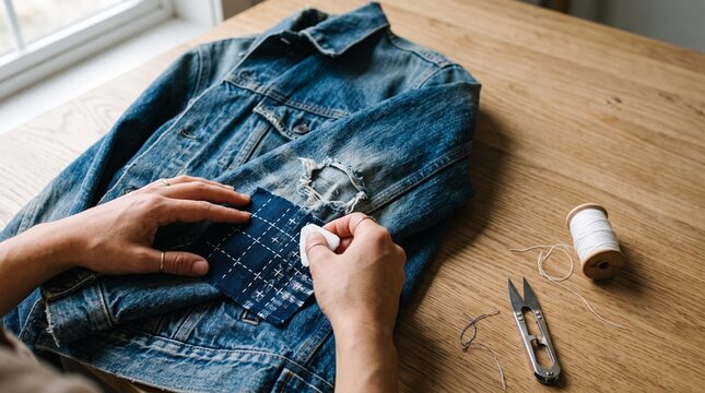 Hands sewing a denim patch onto a worn jacket on a wooden table