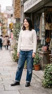 Smiling Asian woman in cream sweater and jeans on urban shopping street sidewalk