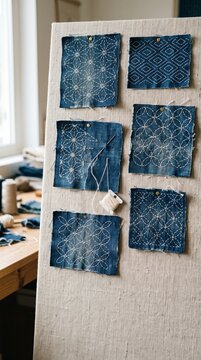 Sashiko visible mending samples displayed on a fabric board in a craft studio