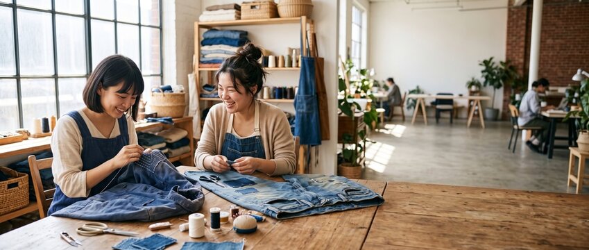 Women repairing denim garments with sashiko stitching in bright textile studio workspace