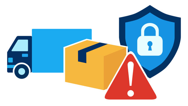 Supply Chain Risk. Delivery Truck and Package Safety. Warning Symbol and Protective Shield. Flat Design