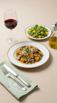 Gourmet dish of rice with rabbit, lentils, pumpkin, and mushrooms, served with a glass of red wine and a fresh salad