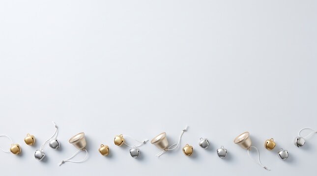 Minimalist wooden silver bells string hanging delicate light background