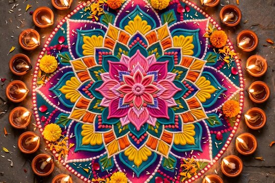 Colorful Diwali rangoli mandala pattern decorated with glowing diya oil lamps
