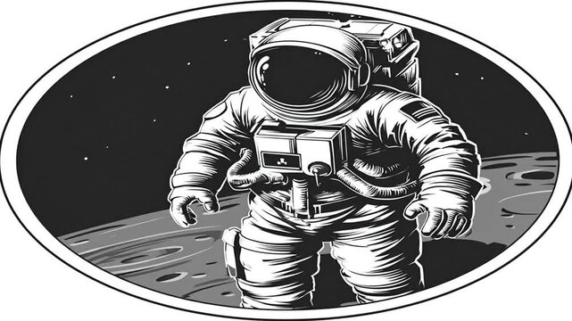 Astronaut on lunar surface illustration in oval frame black and white design