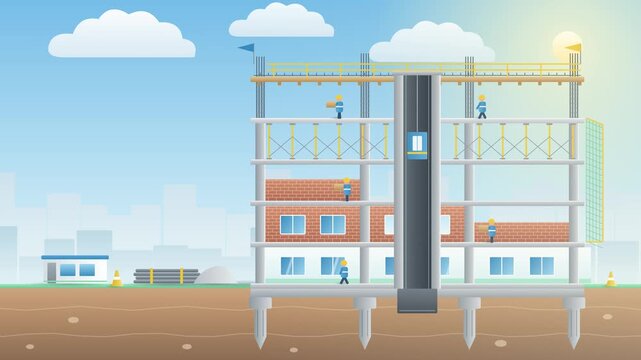 Flat vector illustration showing workers building a large industrial factory
