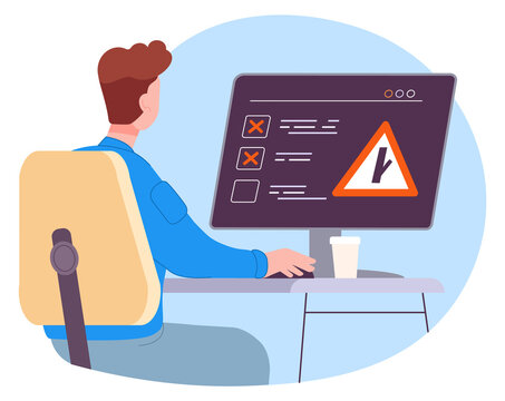 Traffic sign test. Computer driving lesson or exam