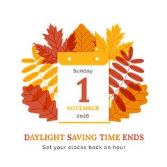 Plakat Wintertime 2026 1 November. Sunday calendar page, autumn leaves. Fall back. Daylight saving time Ends USA, Canada concept. Winter time 