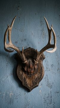 Rustic deer antlers mounted on a dark wooden plaque hanging on a distressed blue wall