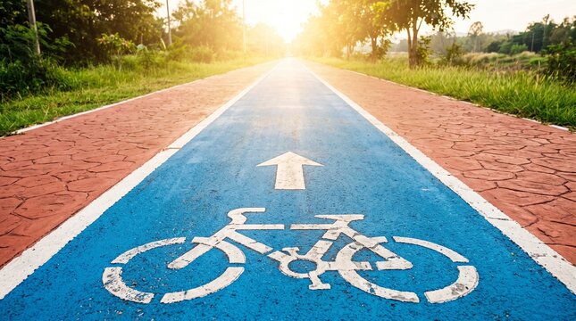 Vibrant blue bicycle lane stretching forward beneath bright golden morning sunlight featuring crisp white directional arrow symbols painted directly onto textured asphalt paving surrounded by lush gre