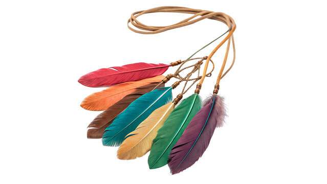 A bunch of colorful decorative indigenous bird feathers tied together isolated on transparent background