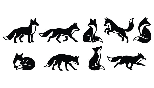 Set of fox silhouettes in different poses vector illustration