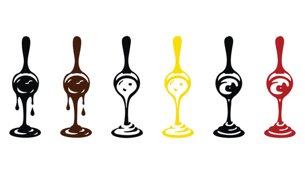 Dripping chocolate, mayo and ketchup sauce spoon icons set. Flowing liquid condiments with thick drips and sauce puddles for food toppings, cooking and restaurant menus.