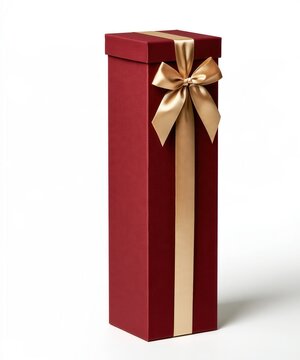 a single tall rectangular gift box, deep burgundy matte textured paper finish with gold bow