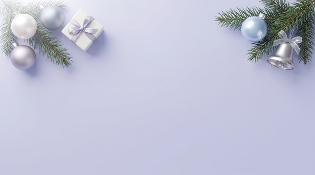 Christmas ornaments and gift box on light purple background with pine branches