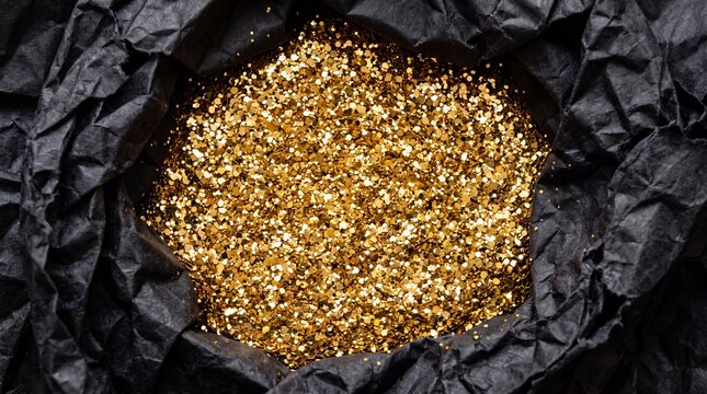 Pile of shimmering gold glitter nestled within a piece of crumpled black paper.