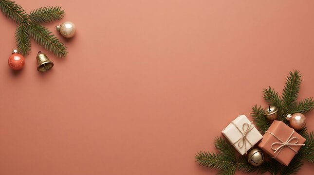 Christmas ornaments and gift boxes with pine branches on a terracotta background