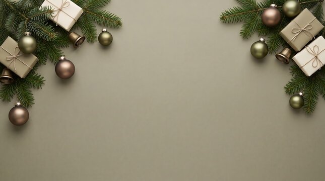 Christmas greenery with baubles and wrapped gifts on neutral background