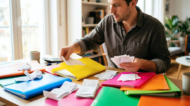 A man sits at a desk covered in colorful binders and scattered papers, sorting through invoices and receipts, looking focused on his task.