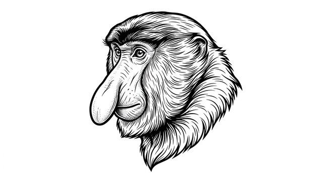 Proboscis monkey head long big drooping nose thick dense fur sharp wrinkled eyes, black white icon illustration vector detailed thick thin lines realistic artistic on clean plain white background
