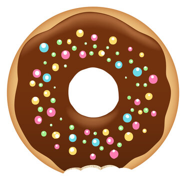 Chocolate donut with teeth bite. Dessert cartoon icon
