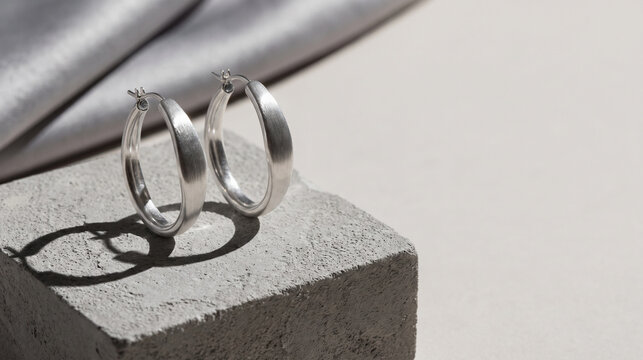 Silver sculptural hoop earrings with sharp sunlight and dramatic shadows