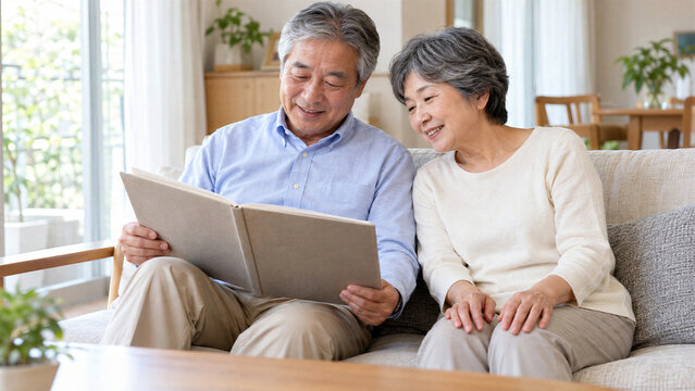 自宅で一緒にアルバムを眺める日本人シニア夫婦