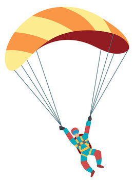 Paragliding person on striped canopy. Cartoon sport character