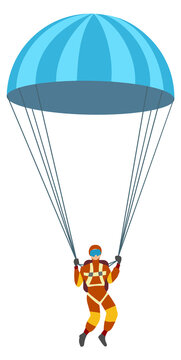 Parachuting character on color canopy. Extreme sport icon