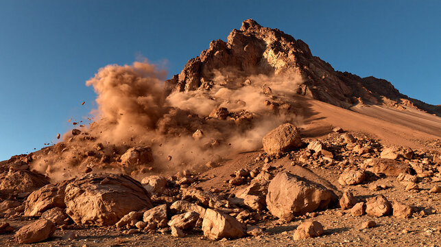 Massive rockfall descending from a steep mountain cliff with a thick dust cloud rising from the impact area