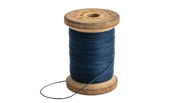 A small wooden spool with dark blue sewing thread isolated on transparent background
